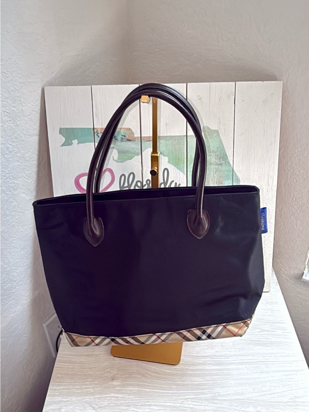 Authentic Burberry blue label Black Nylon tote with nova check bottom
